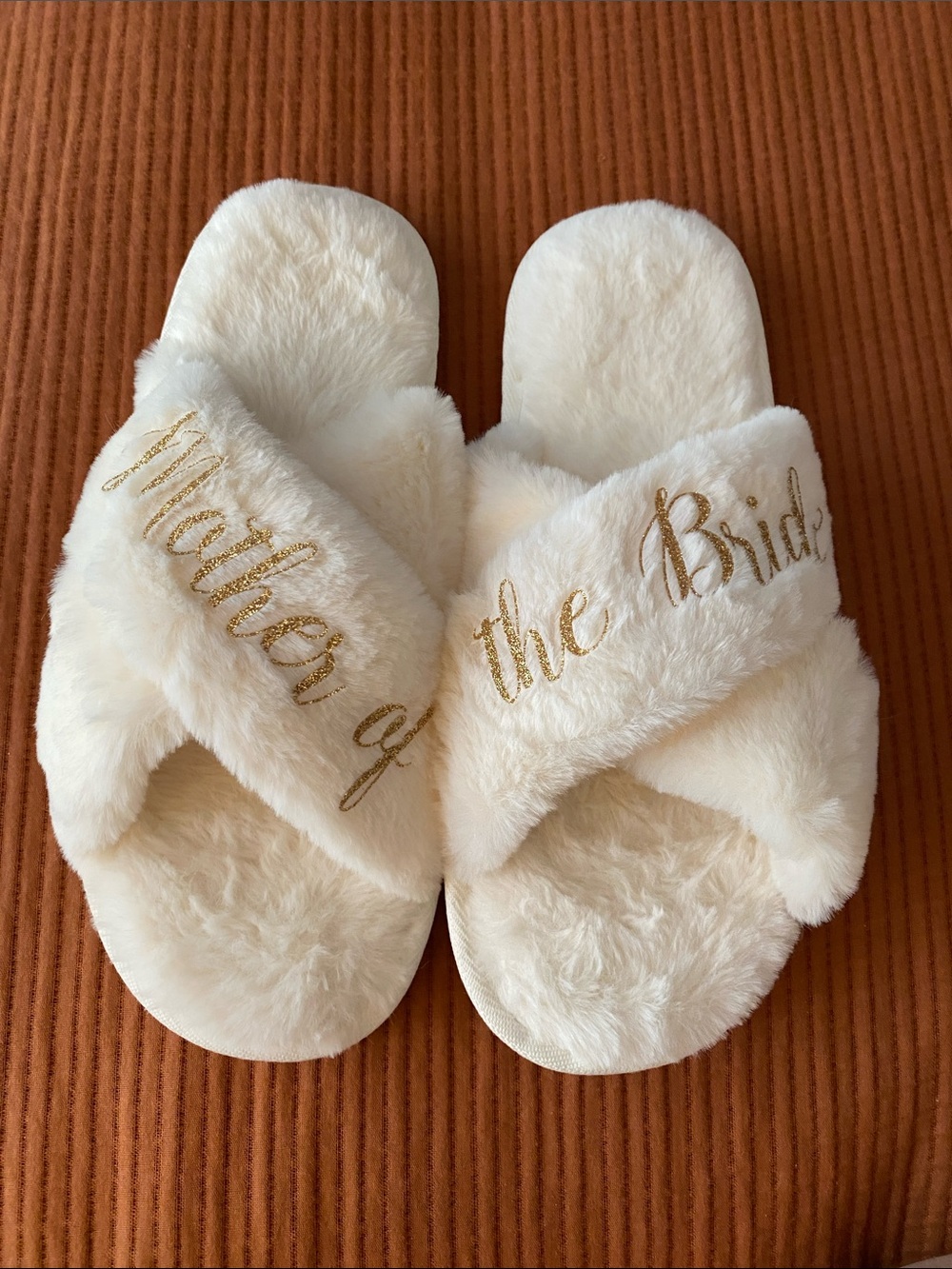 Embroidered Cream Fuzzy Slip-On Slippers with Gold Script